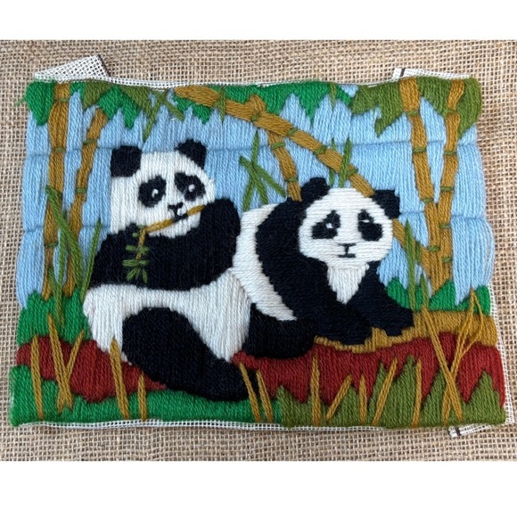Vintage Panda Bears Bamboo Needlepoint Finished Craft Unframed Cute Fun Animal - Picture 1 of 2